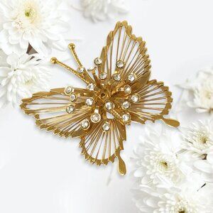 Vintage Monet Gold Tone & Rhinestones Butterfly Brooch